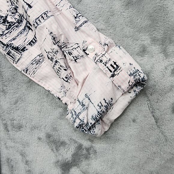 Charter Club Top Womens S Pink Black Toile-Print Linen Blend Roll Tab Sleeves - Picture 5 of 13